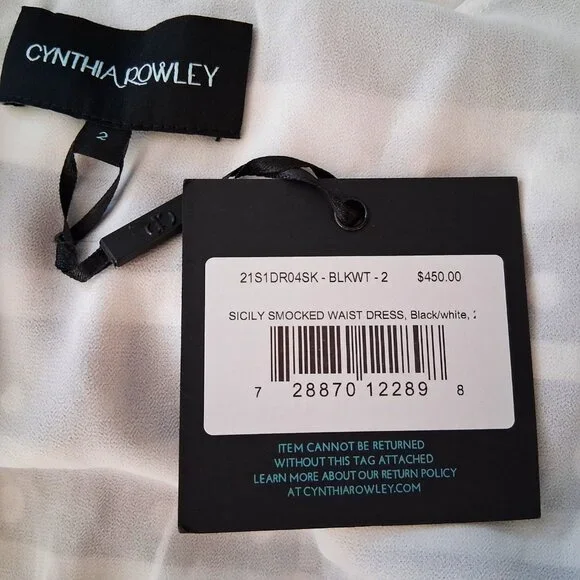 Cynthia Rowley Sicily Silk Wrap Dress Black White Smocked Waist Cap Sleeve Size - Picture 10 of 13